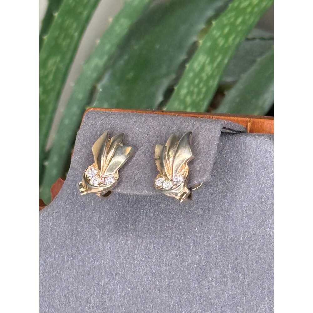 Vintage 1950s Gold Rhinestone Earrings Mid Century Sculptural Leaf Petite